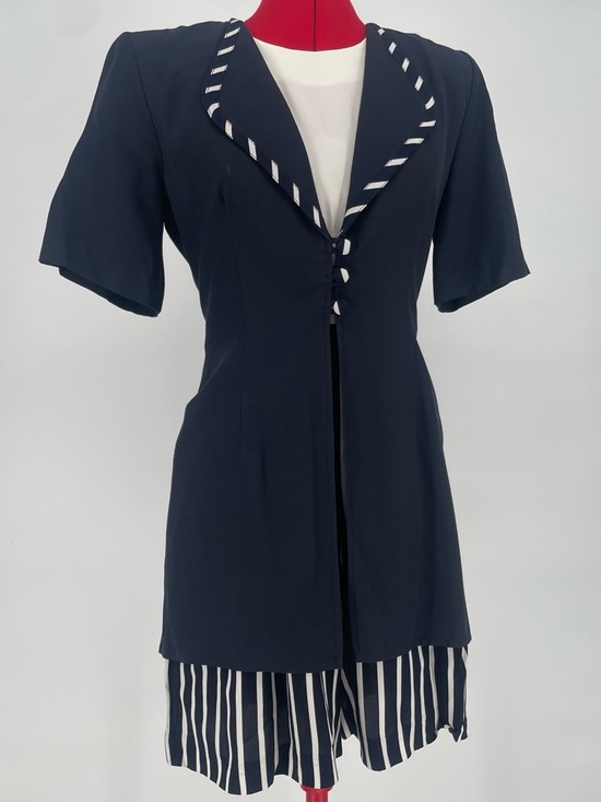 1980s Navy & White Nautical Striped Shorts Romper J.S.J. Petites Back Waist Tie - Picture 2 of 12
